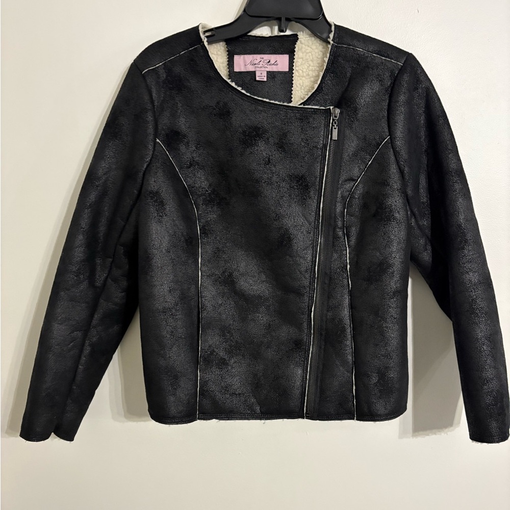 Nicole Richie Moto Black Zip Front Small Vegan Sherpa Lined  COAT NWOT SMALL